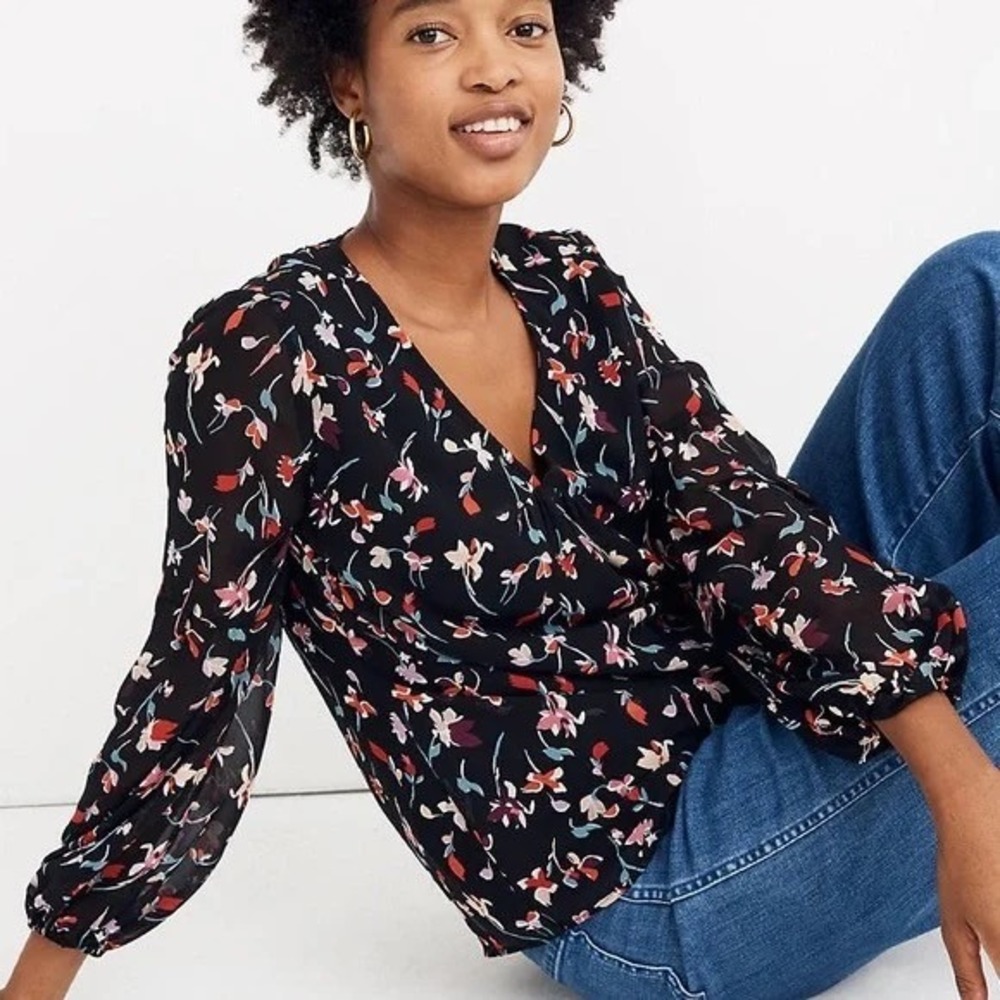Madewell Black Floral Blouse Sheer Long Sleeve V Neck Women's Small
